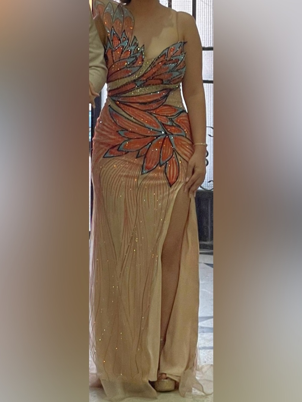 Embellished Coral-Peach Maxi Dress with Floral Motif